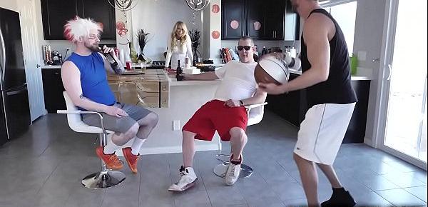  Sporty MILF Katie Morgan invited her guy friends to watch a game in her house.She seduces one of them and started a hot sex at the kitchen.